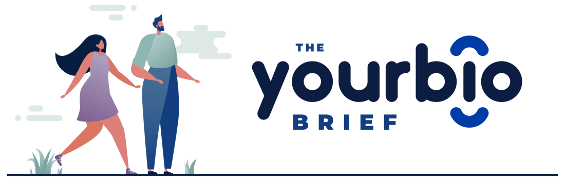 The YourBio Brief Header with avatars walking with clouds